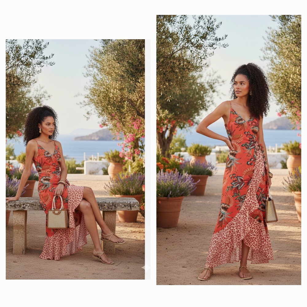 Women's Orange Floral Wrap Maxi Dress